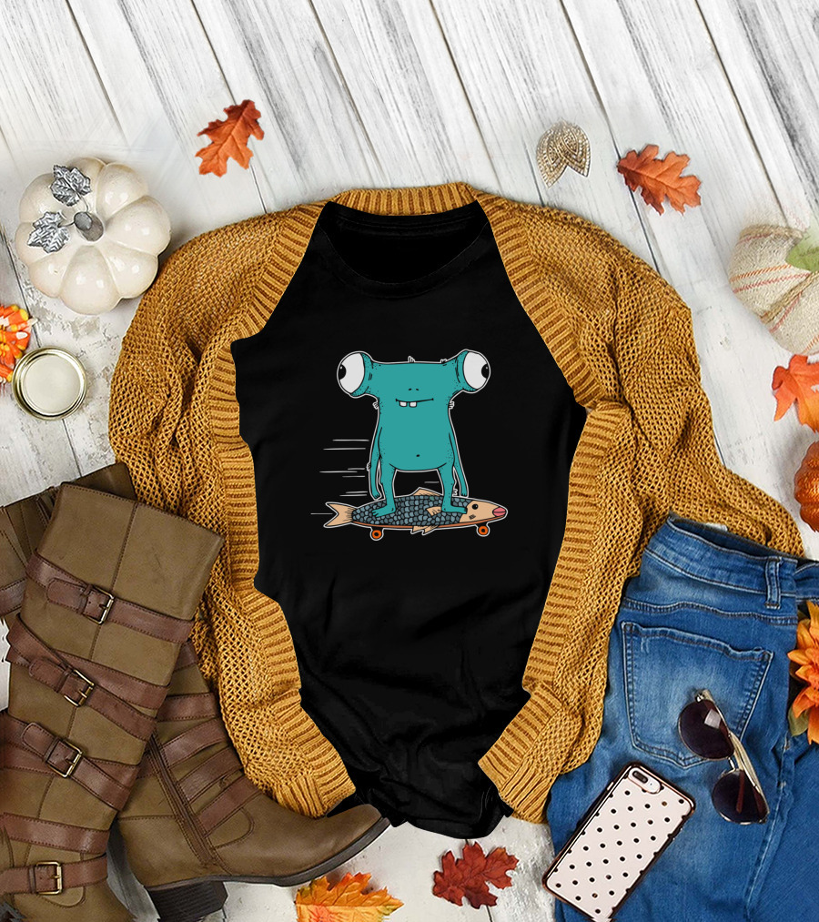 Funny Cartoon Monster Longboarding on Fish Skateboard T-Shirt
