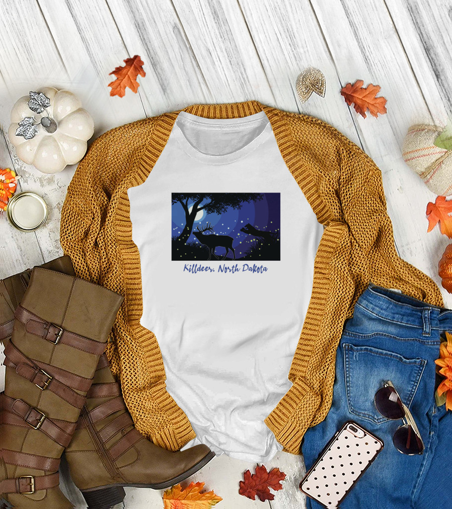 Killdeer North Dakota Nighttime Deer Silhouette in Moonlit Forest T-Shirt