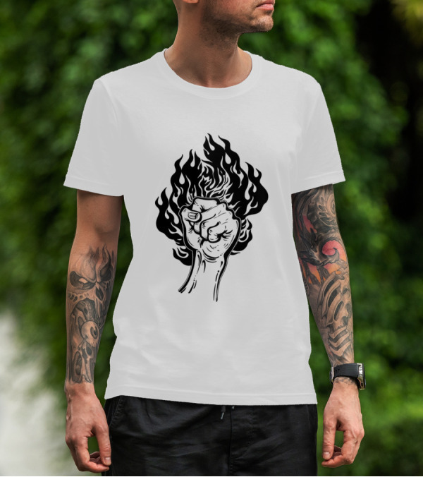 Raised Fist Gesture With Flames In Background T-Shirt