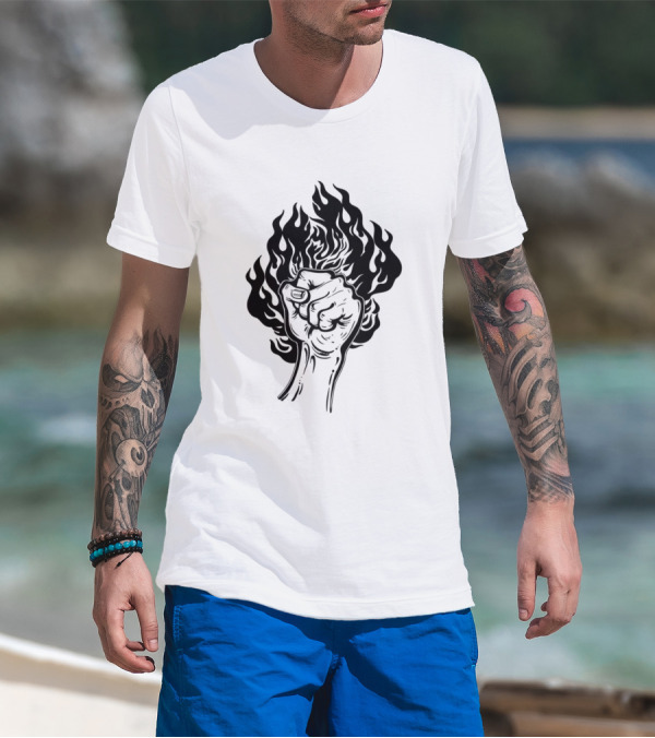 Raised Fist Gesture With Flames In Background T-Shirt