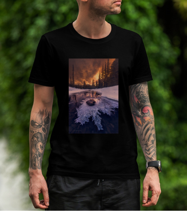 The View Of Snow River At Sunset With Frosty Ice Formation T-Shirt