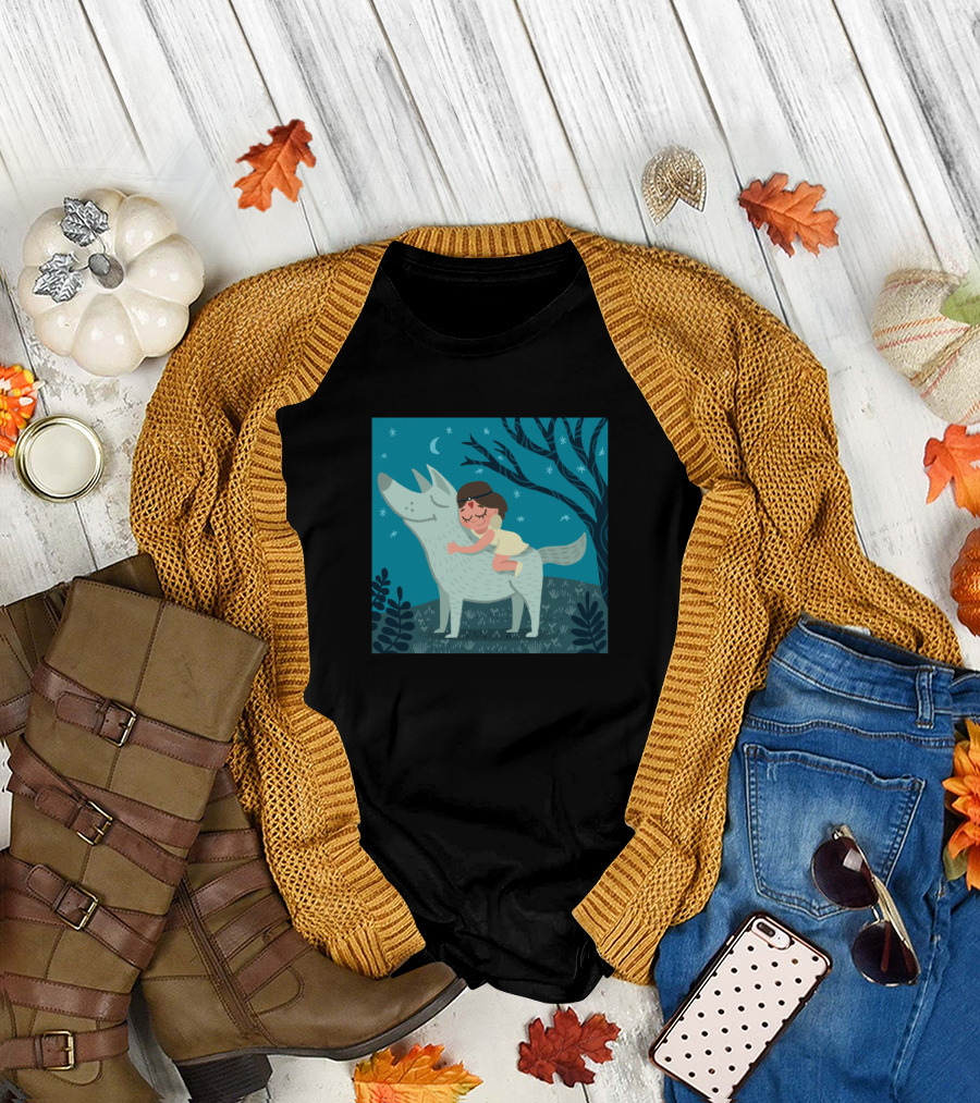 Princess Moonlit Night Hugging Wolf Dream Scene T-Shirt