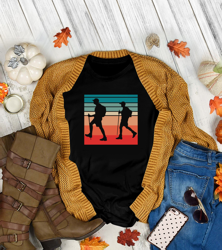 Retro Hiking Striped Silhouette Scenery T-Shirt