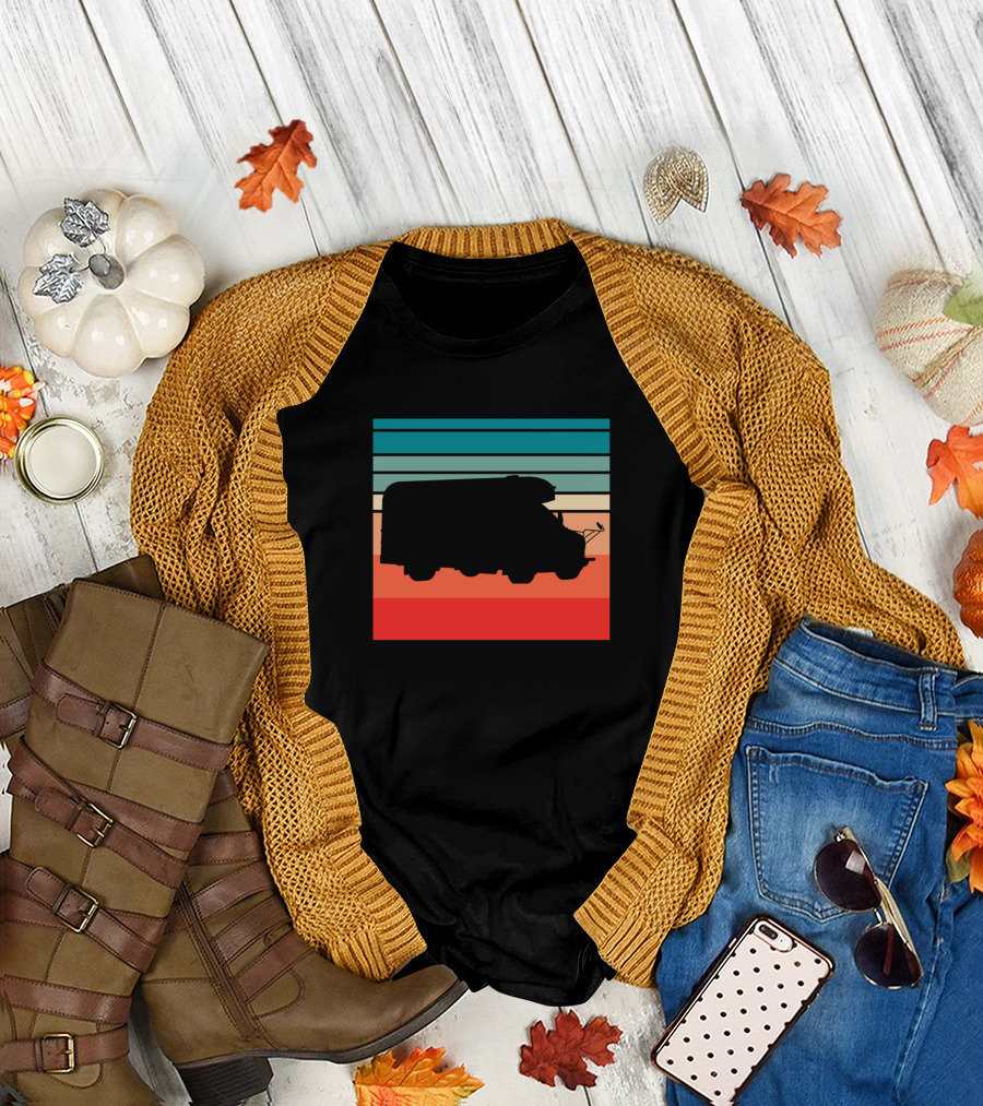 Retro Sunset Striped Silhouette School Bus Scene T-Shirt