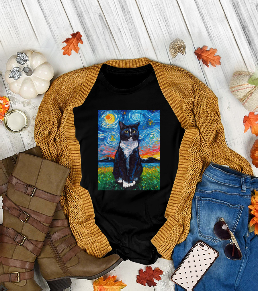 Tuxedo Cat Starry Night T-Shirt