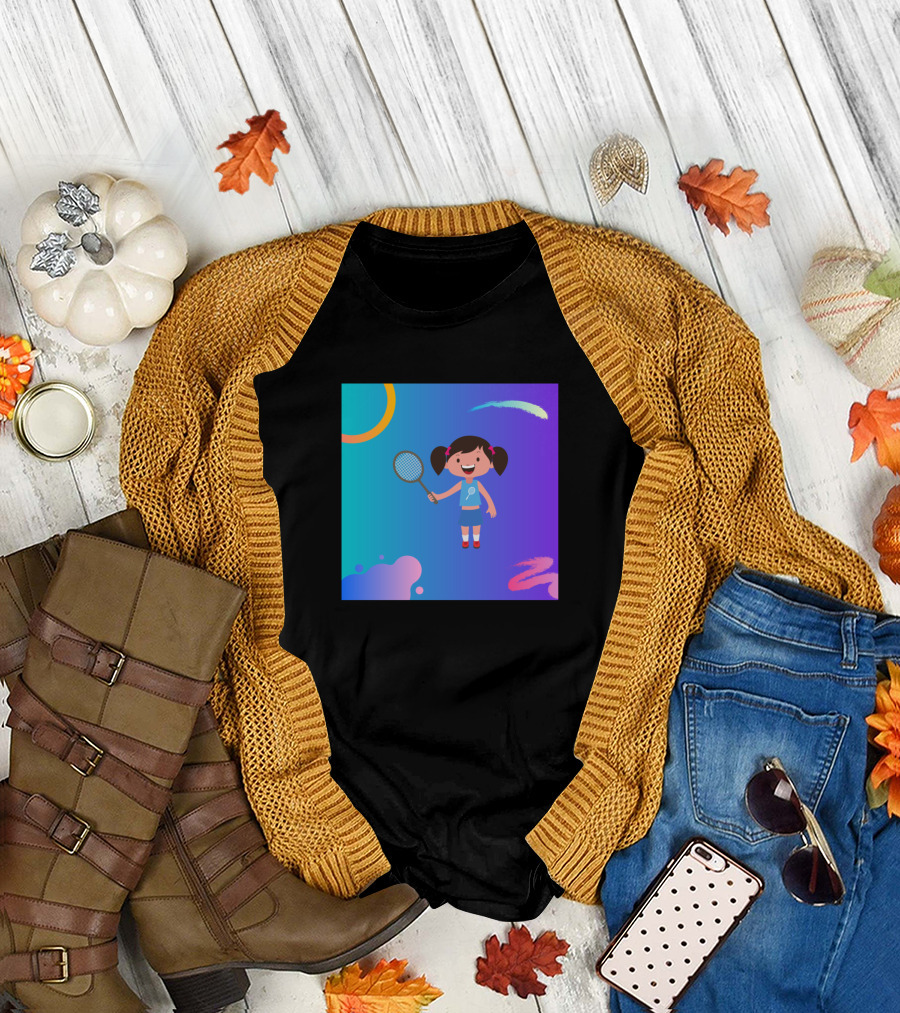 Badminton Girl Cartoon Character with Racket on Vibrant Background T-Shirt