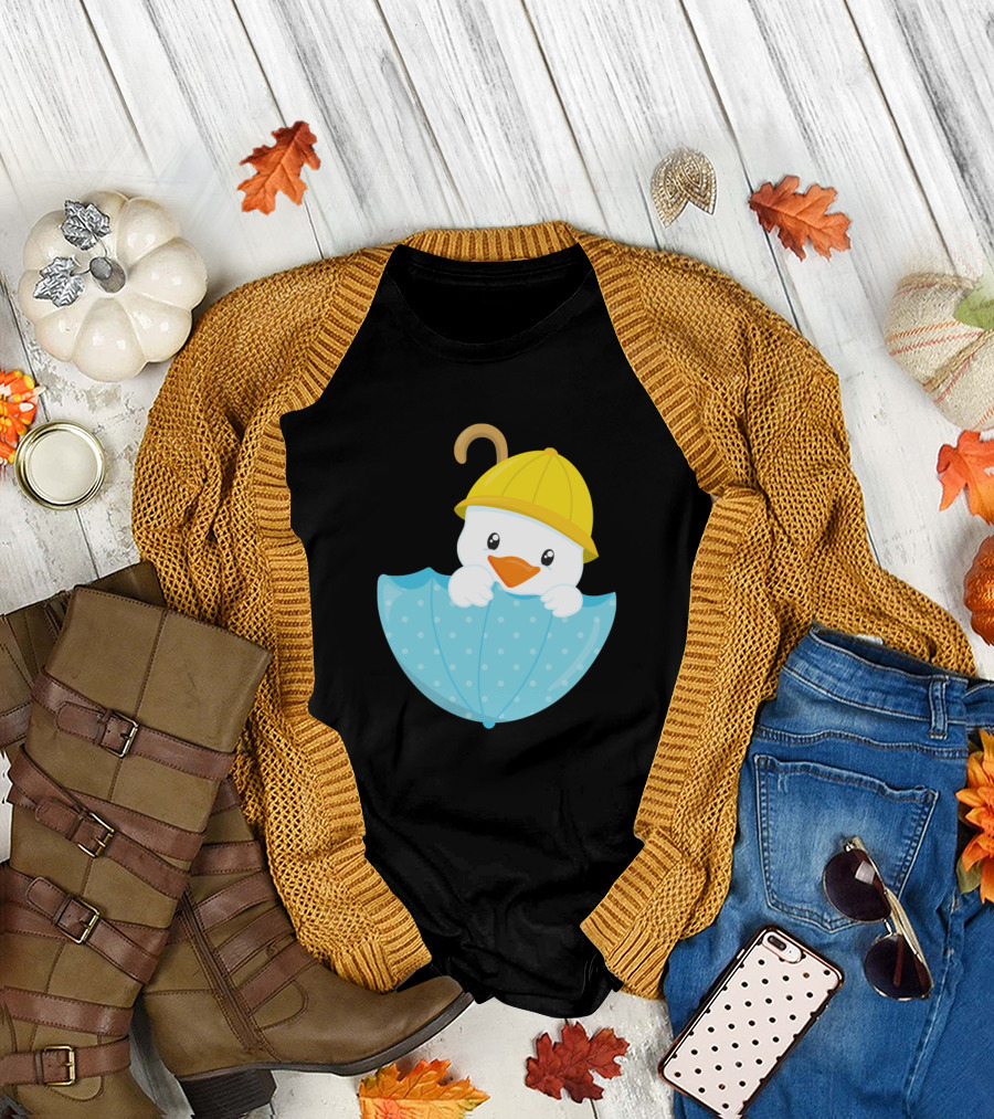 Duck Baby in Yellow Hat with Blue Polka Dot Umbrella T-Shirt