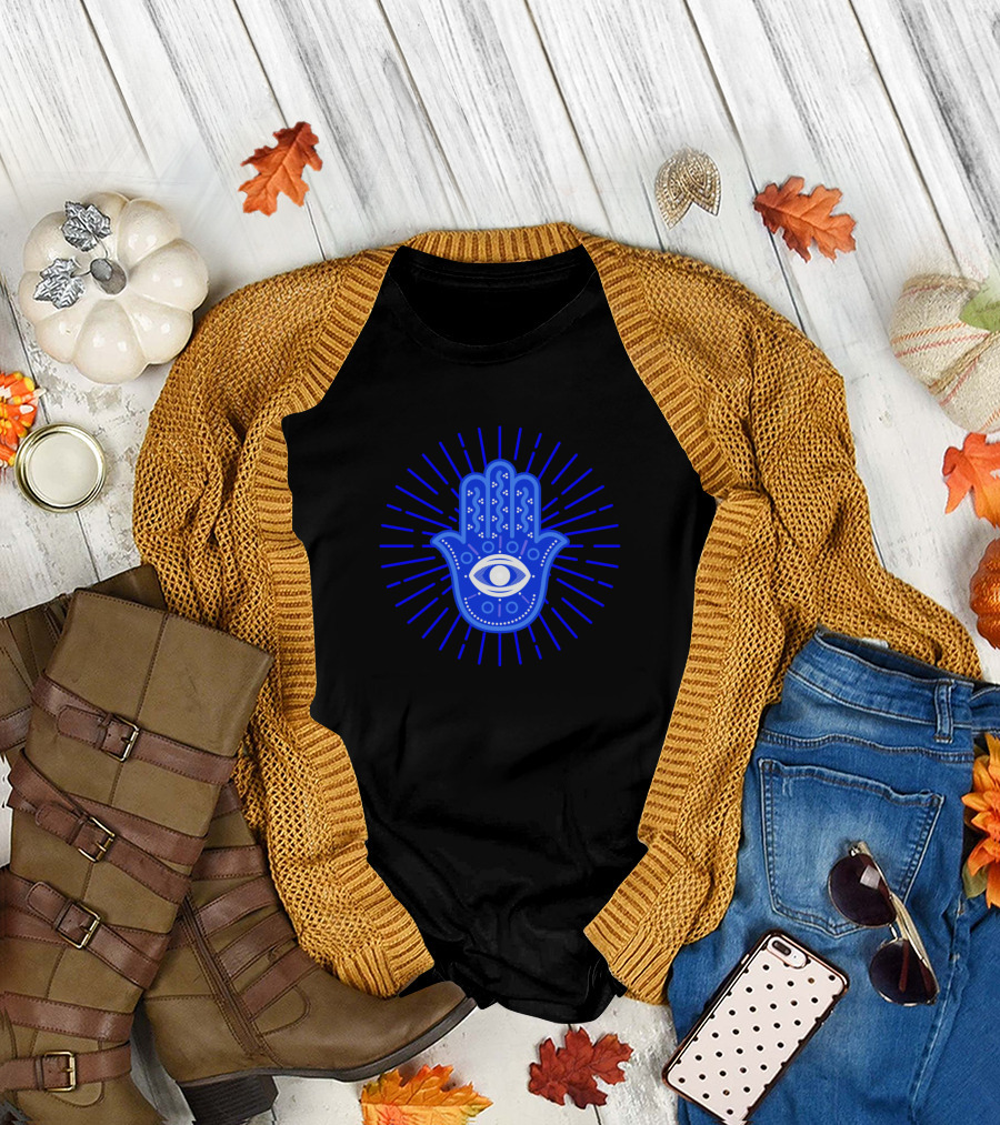 Hamsa Hand Of Fatima Eye Radiating Blue Light T-Shirt