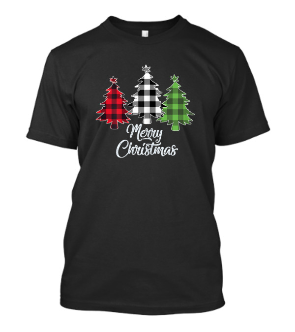 Merry Christmas Trees Red Buffalo Plaid Green Black Check Women T-Shirt