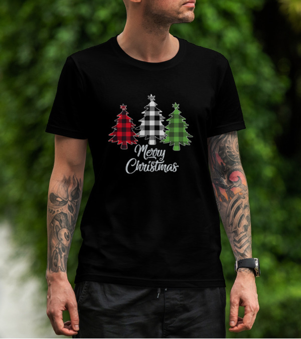 Merry Christmas Trees Red Buffalo Plaid Green Black Check Women T-Shirt