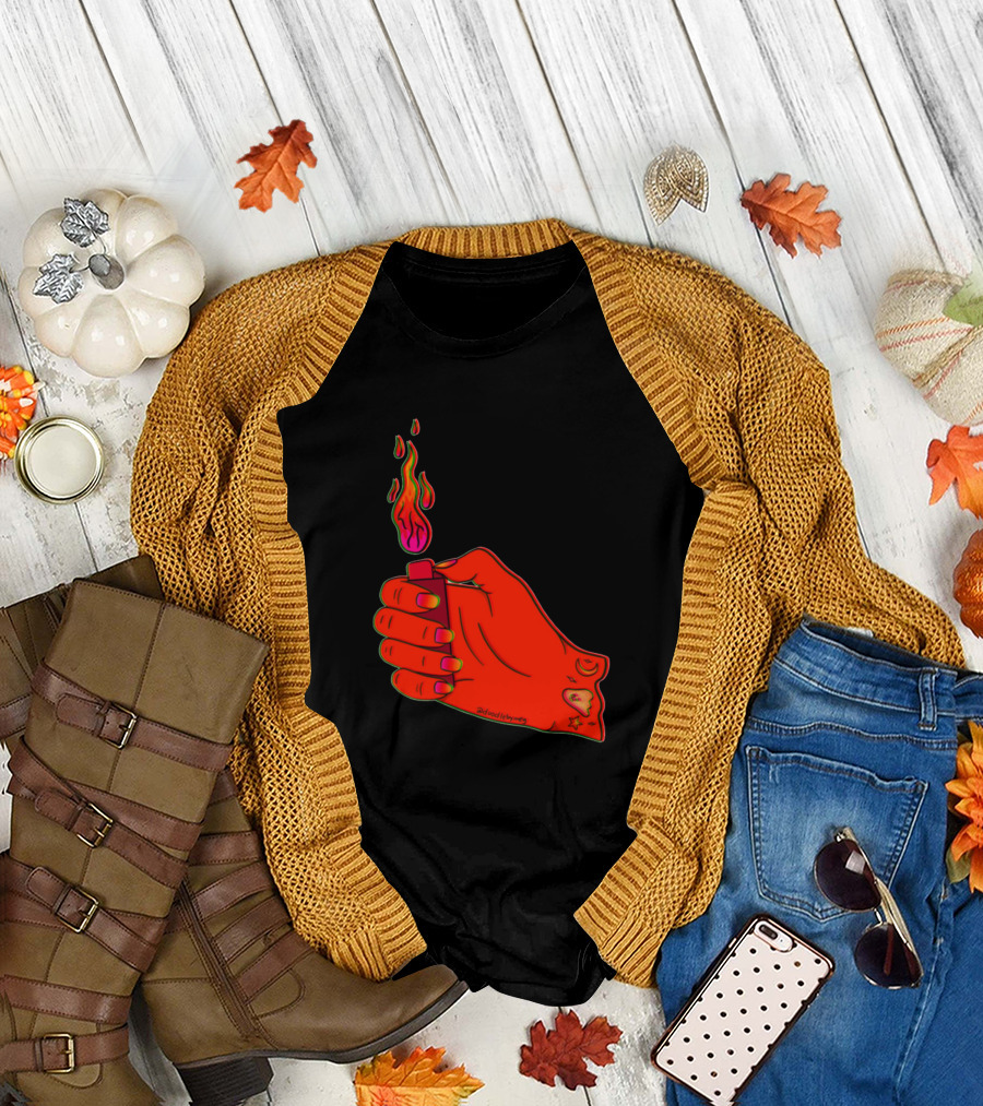 Lit Lighter Neon Hand Flame Aesthetic Sign by DoNotWindMeUp T-Shirt
