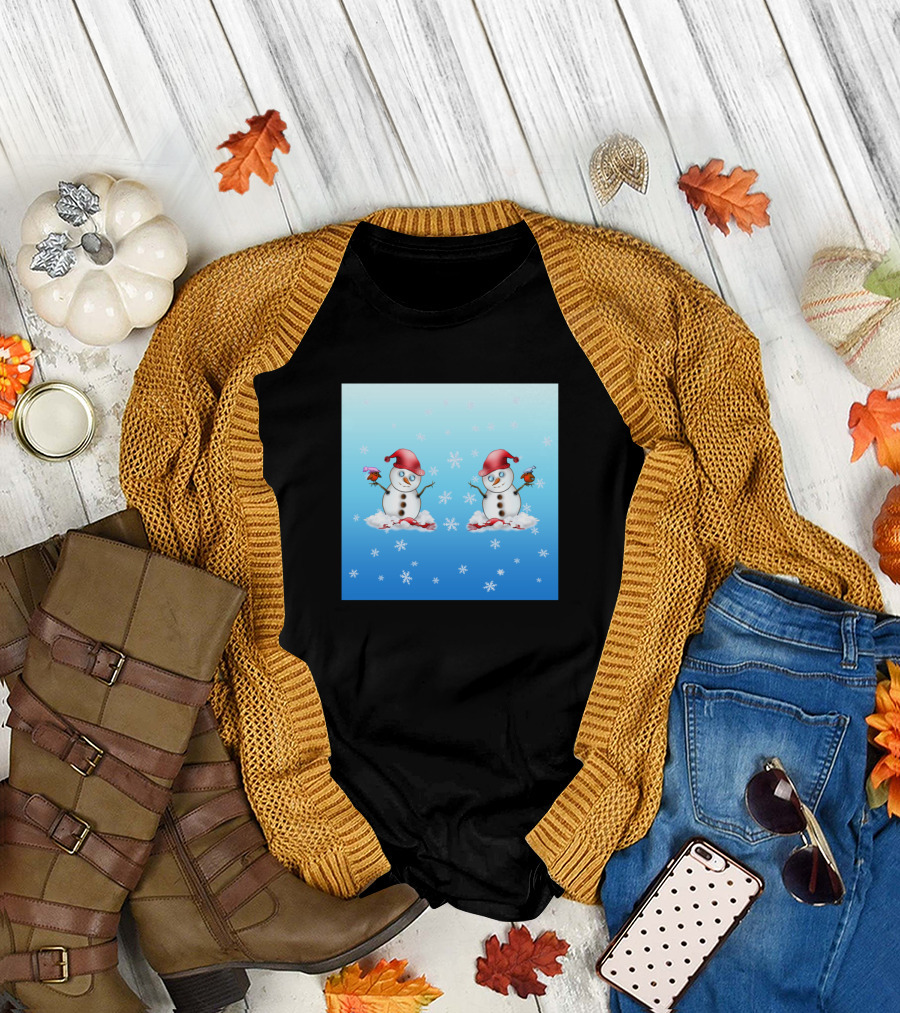 Adorable Snowmen with Red Hats and Cute Birds in Snowflakes T-Shirt