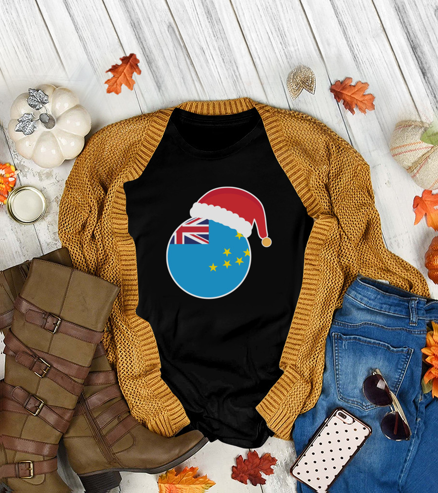 Santa Hat on Tuvalu Flag Christmas T-Shirt