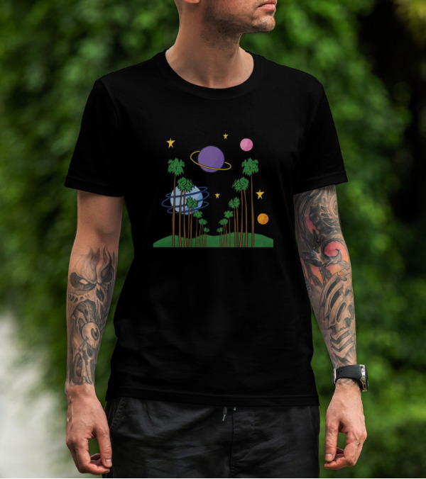 Planets And Palm Trees Cosmic Landscape With Stars And Rings T-Shirt