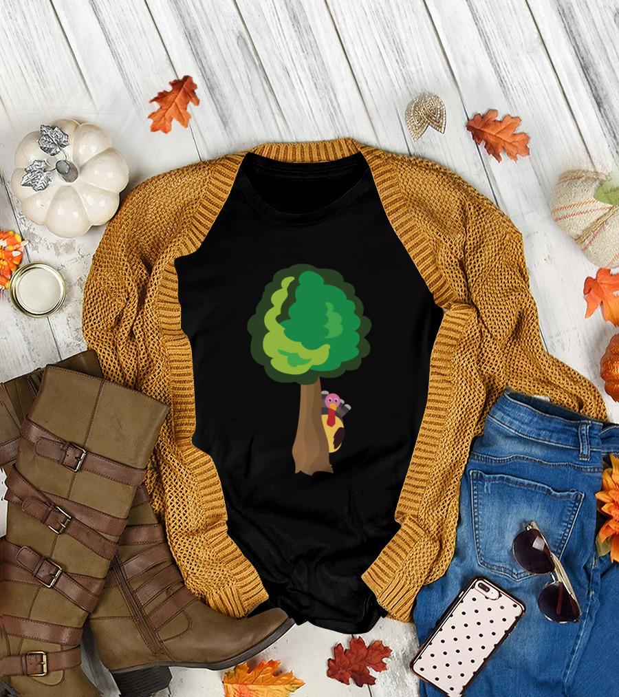 Turkey Peeking Out from Behind Cartoon Tree T-Shirt