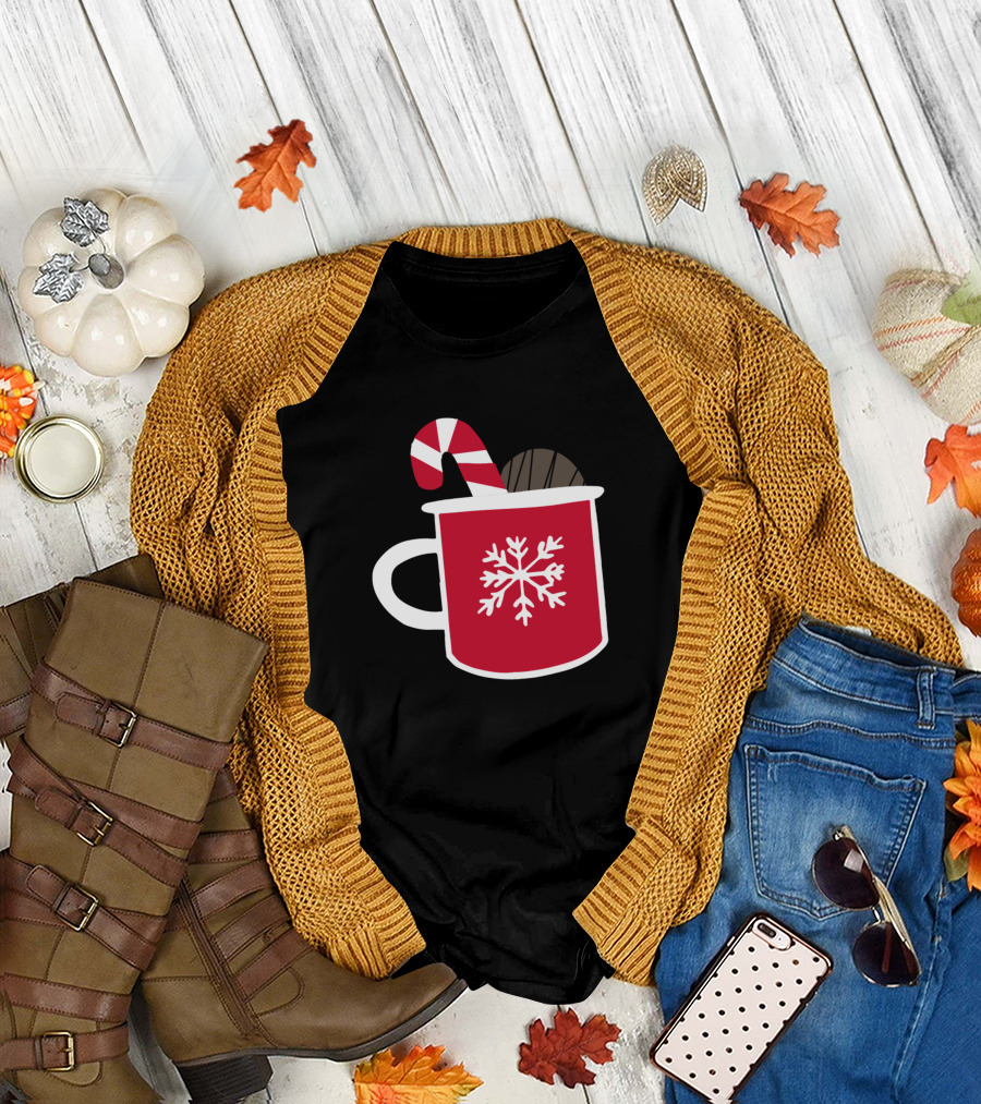 Christmas Hot Chocolate Bomb Red Mug with Candy Cane and Snowflake T-Shirt