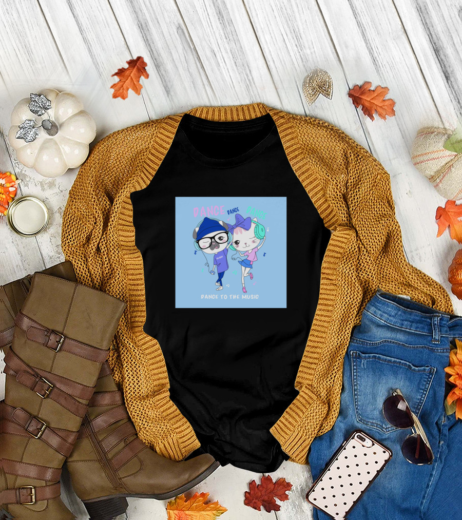 Dancing Cat and Dog with Headphones Dance to the Music T-Shirt