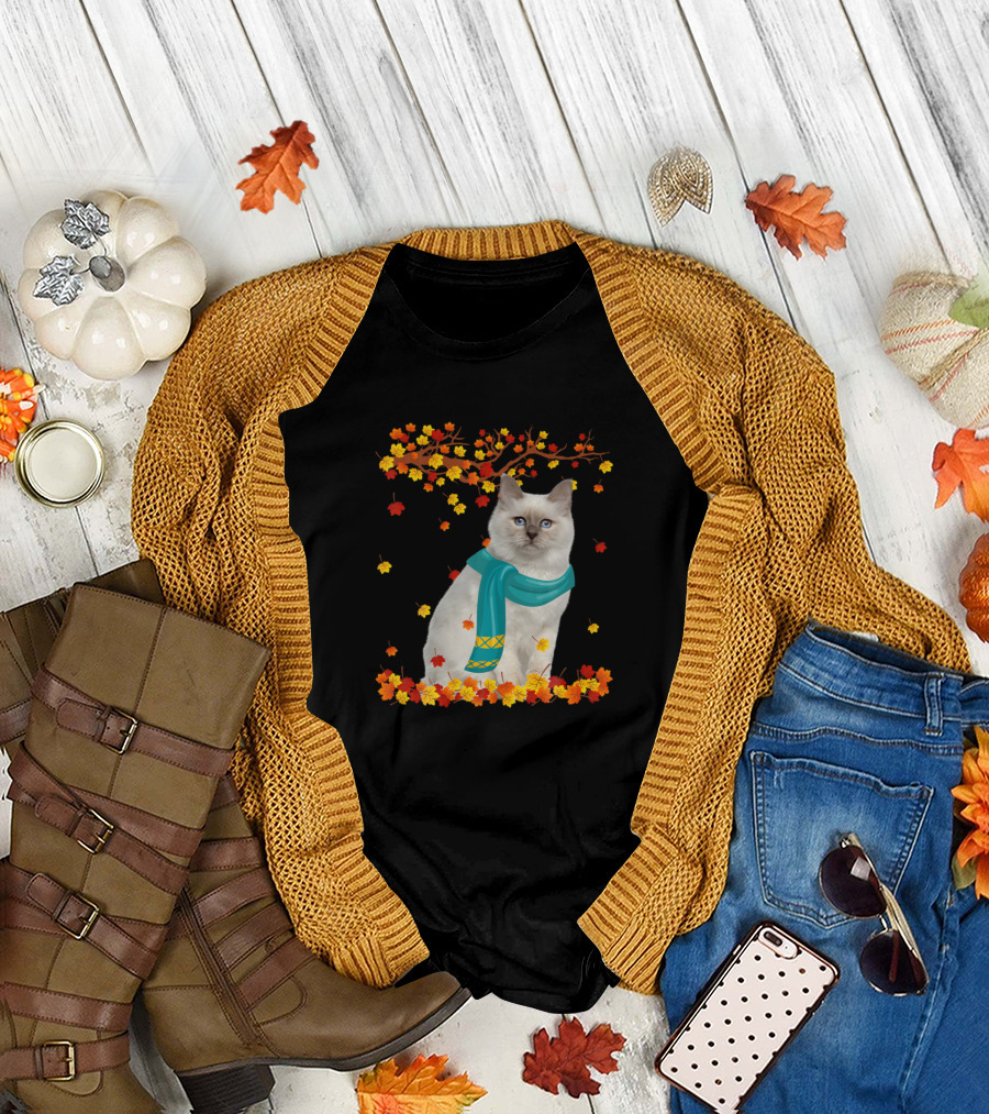 Birman Cat in Scarf with Autumn Leaves Thanksgiving Vibes T-Shirt
