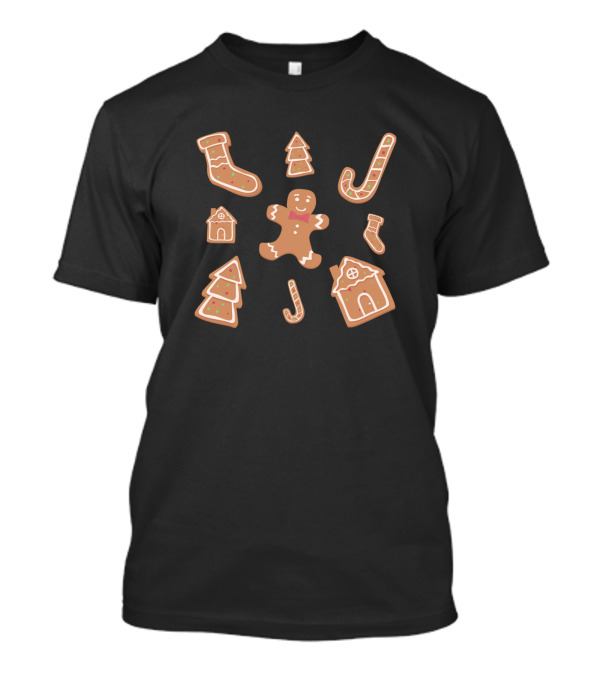 Gingerbread Man With Candy Canes And Christmas Tree Cookie Icons T-Shirt