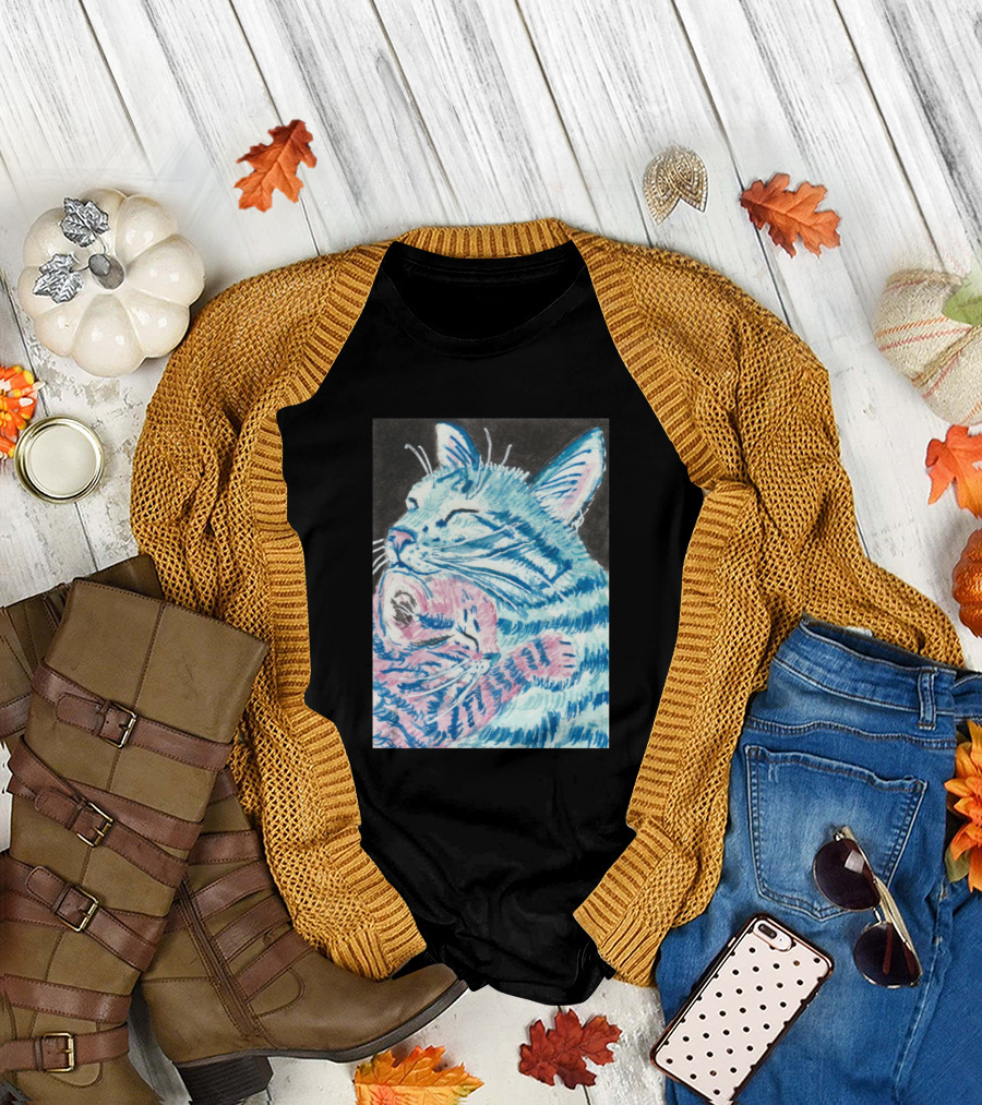 Tabby Cat Mother Embrace Kitten Duo in Blue and Pink T-Shirt