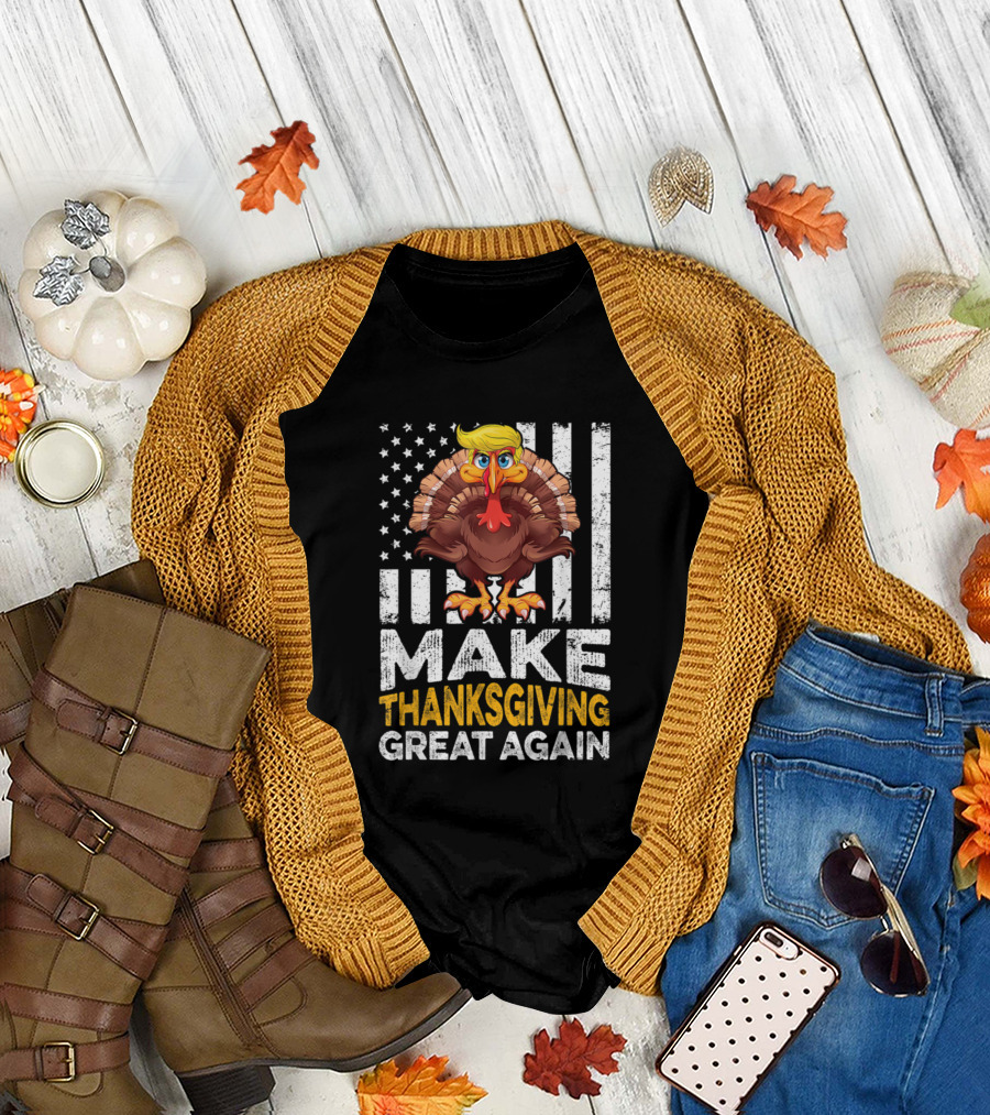 Make Thanksgiving Great Again Funny Turkey USA Flag T-Shirt