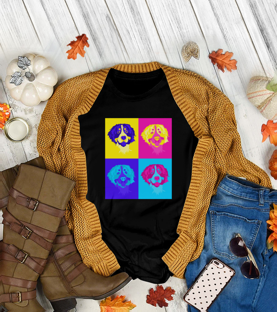 Bernese Mountain Dog Head In Pop Art Style Colorful Squares T-Shirt
