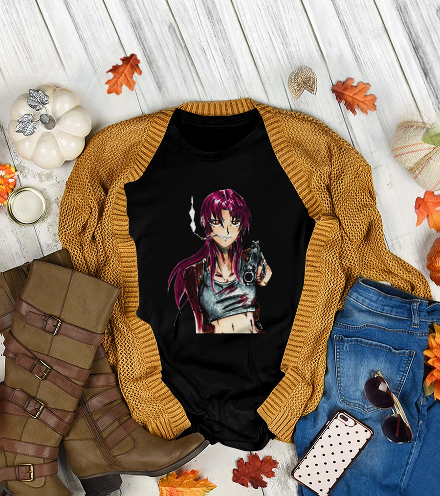 Revy Black Lagoon Bounty Hunter Anime Character with Gun and Cigarette T-Shirt