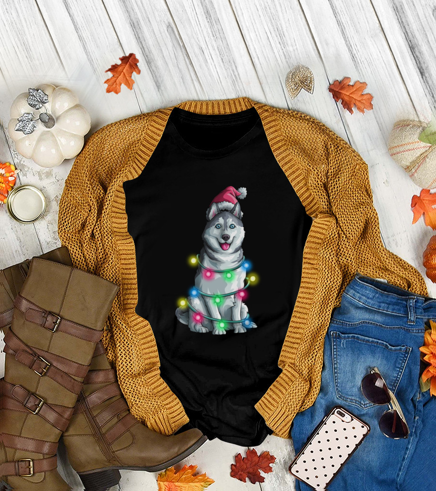 Siberian Husky Santa Christmas Tree Lights Holiday Season T-Shirt