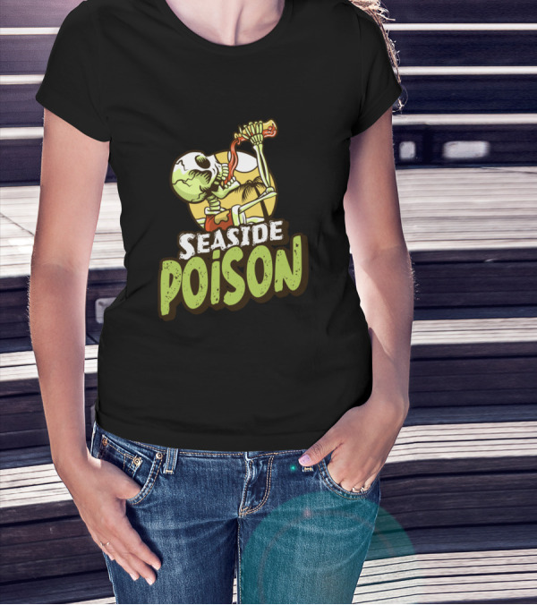 Seaside Poison Skeleton Drinking Potion Sunset Scene T-Shirt
