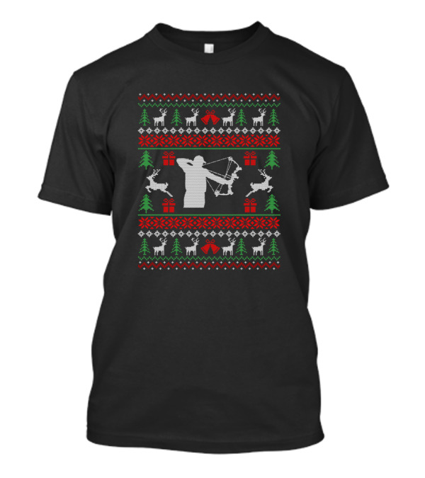 Christmas Bow Hunting Ugly Sweater Pattern With Reindeer And Gifts T-Shirt