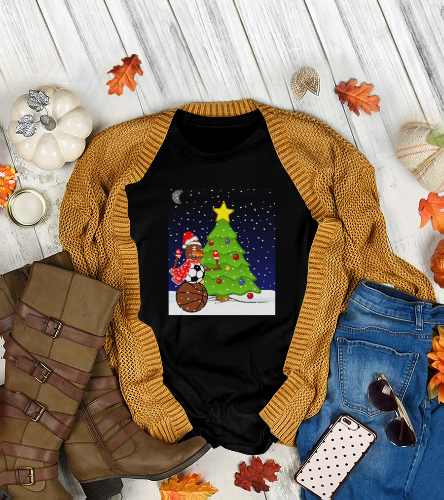 Christmas Snowman with Soccer and Basketball by Tree T-Shirt