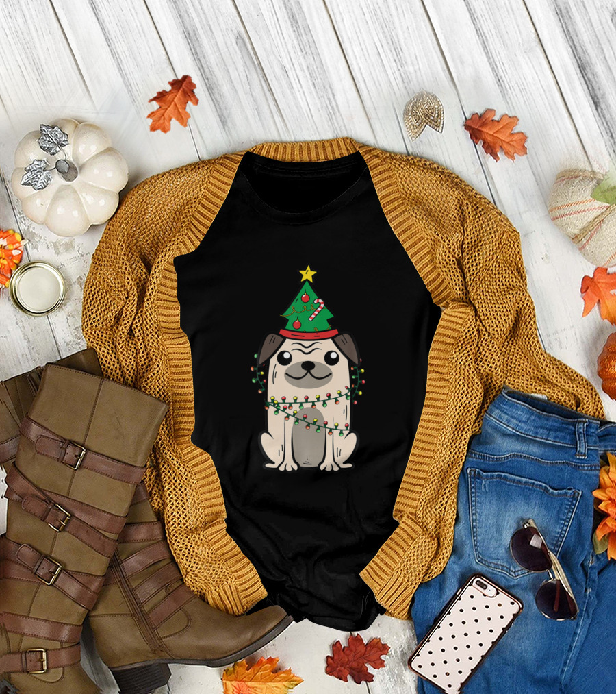 Pug Wrapped in Christmas Lights with Tree Hat Yuletide Puppy Fan T-Shirt