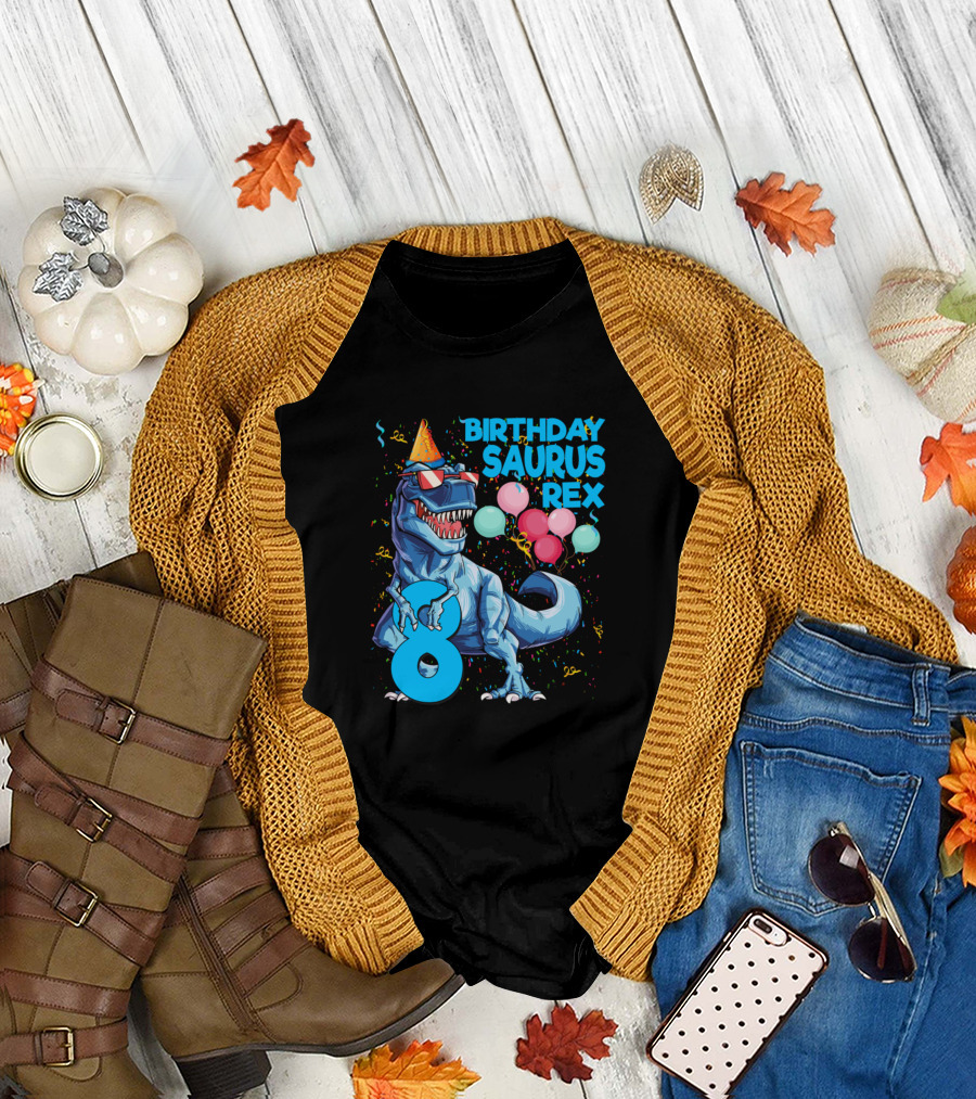 Birthday Saurus Rex 8 with Party Hat Balloons Confetti T-Shirt