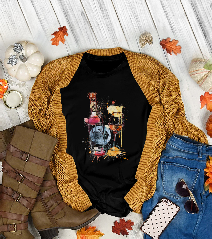 Watercolor Illustrations of Wine Glass and Bottle with Abstract Splashes T-Shirt