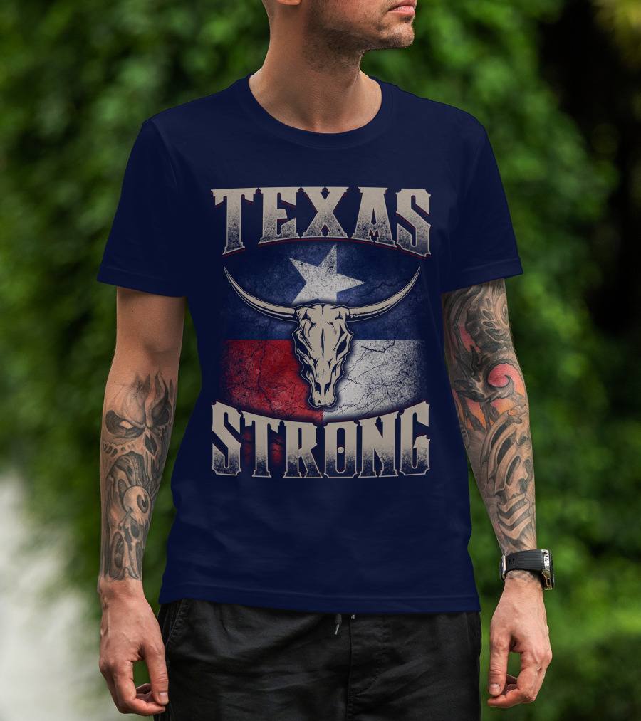 Texas Strong Longhorn Skull With Texas Flag T-Shirt