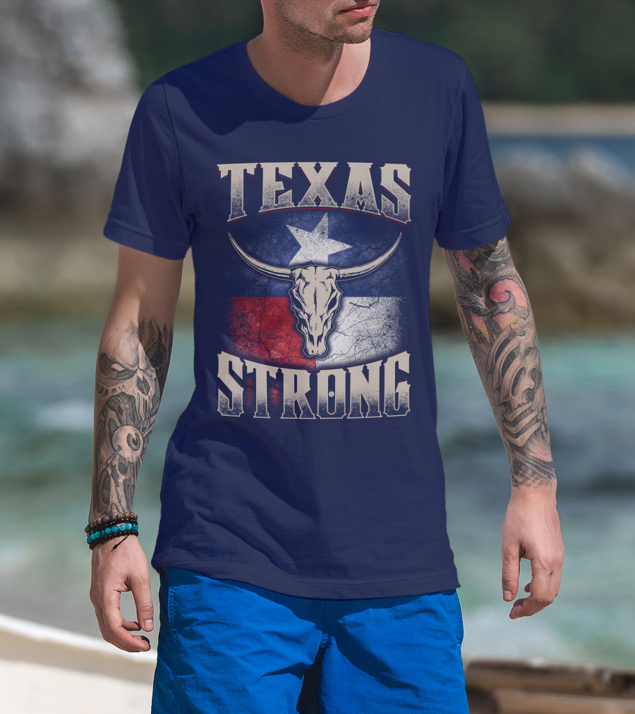 Texas Strong Longhorn Skull With Texas Flag T-Shirt