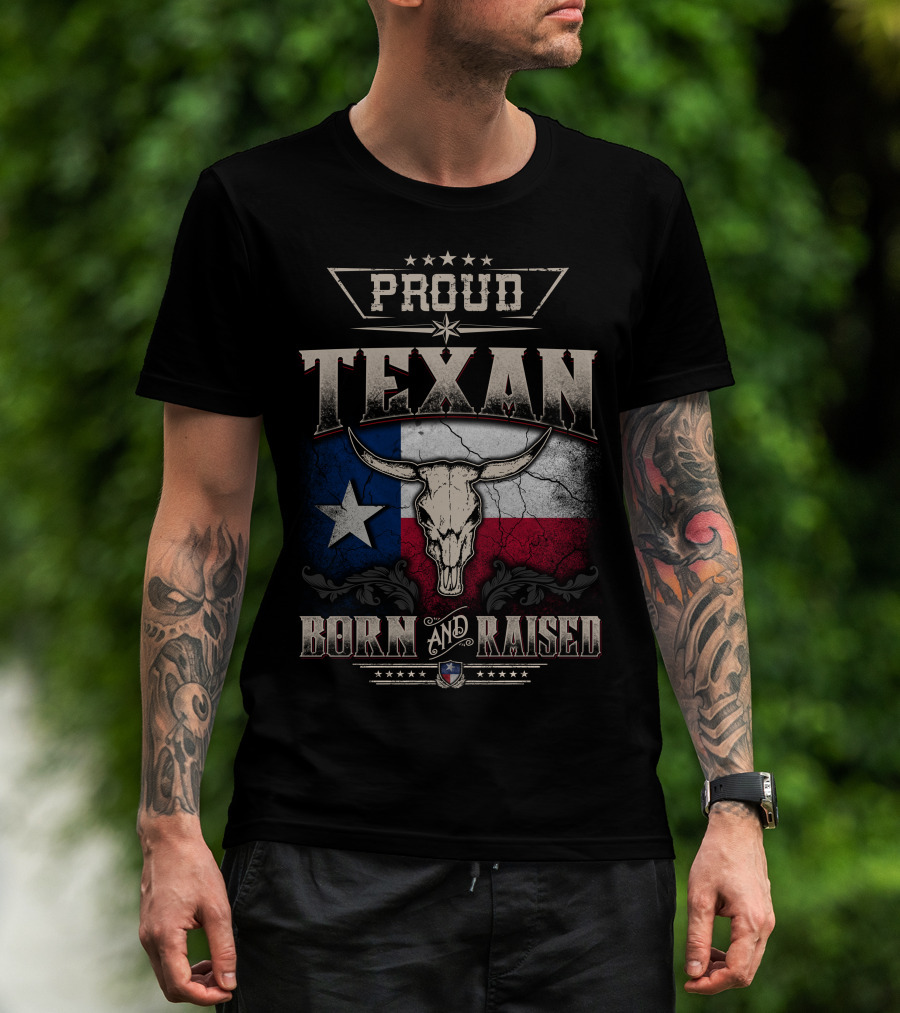 Proud Texan Born And Raised Texas Flag Longhorn Skull T-Shirt