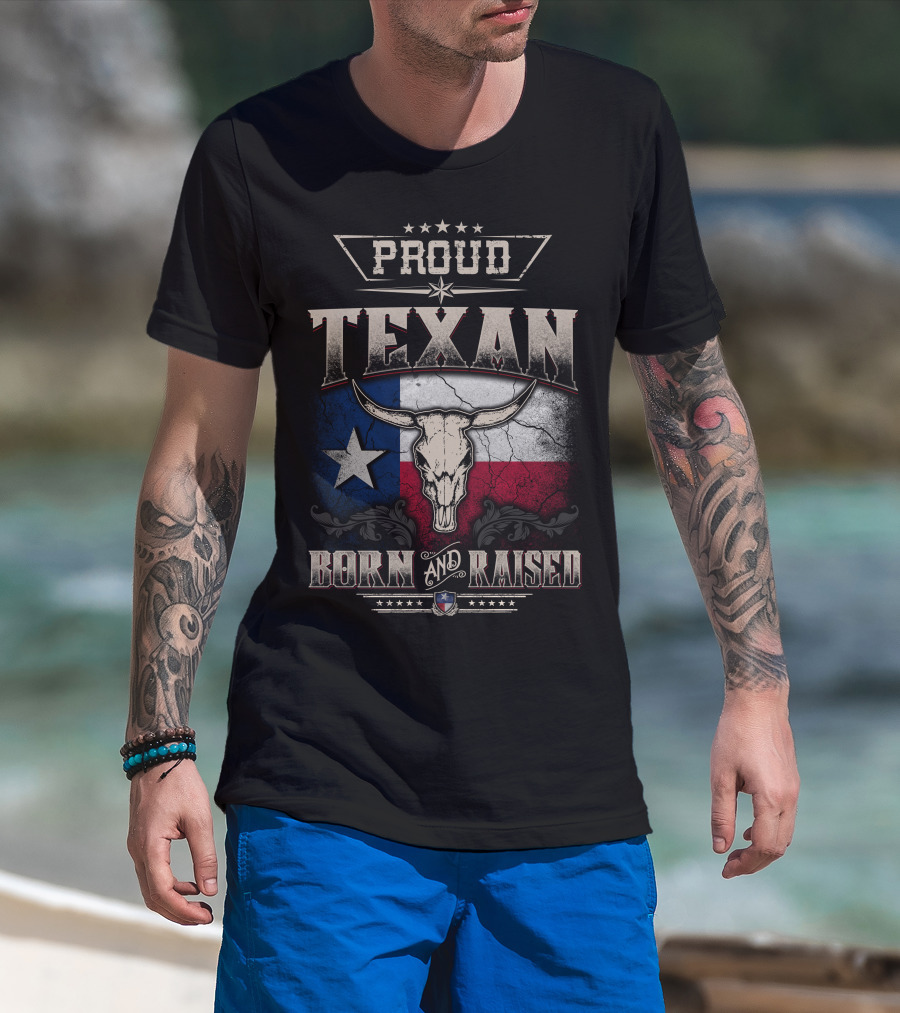 Proud Texan Born And Raised Texas Flag Longhorn Skull T-Shirt