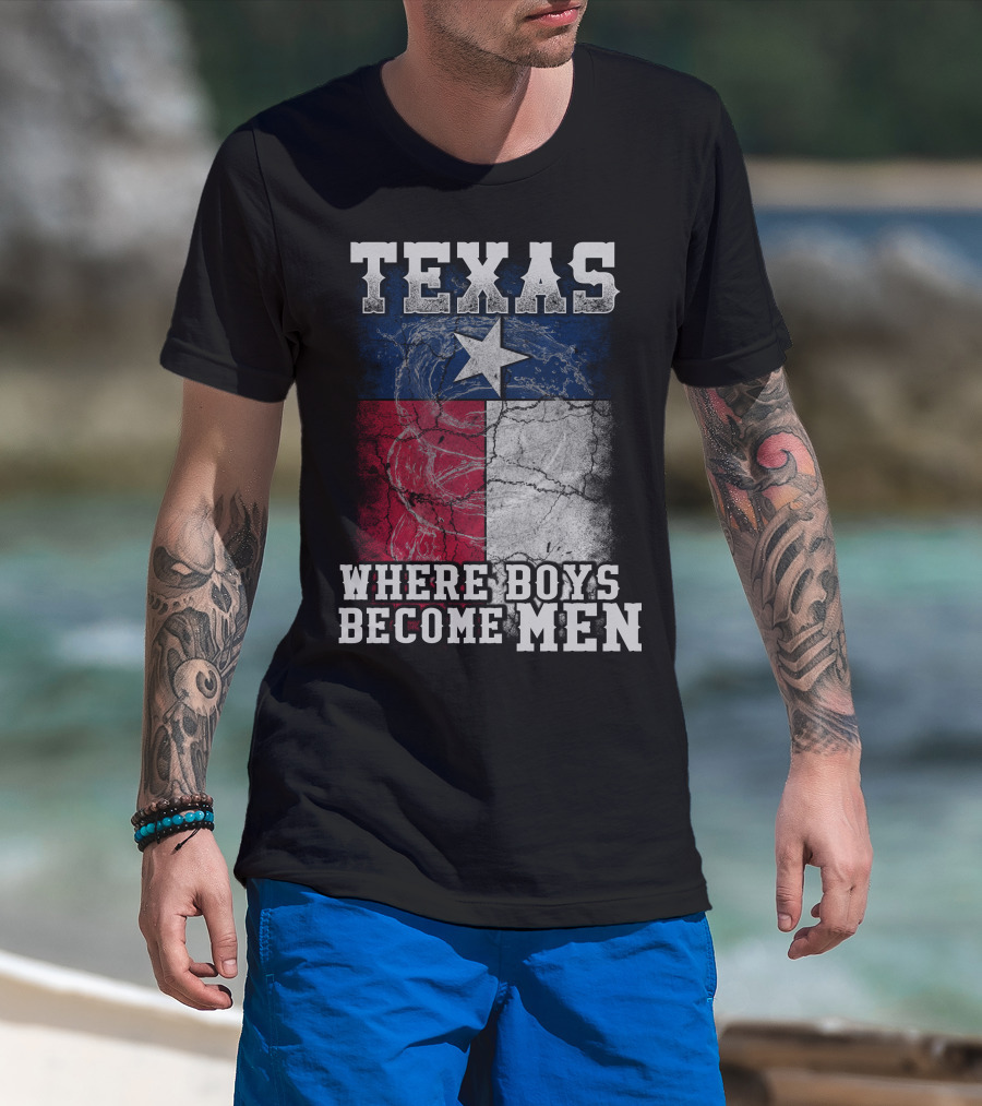 Texas Where Boys Become Men Lone Star Flag Cracked T-Shirt