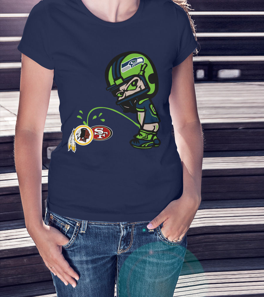 Seattle Seahawks Rivalry Cartoon With San Francisco 49ers And Washington Logos T-Shirt