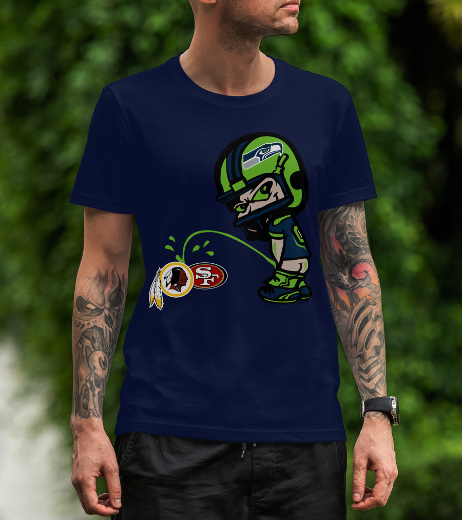 Seattle Seahawks Rivalry Cartoon With San Francisco 49ers And Washington Logos T-Shirt