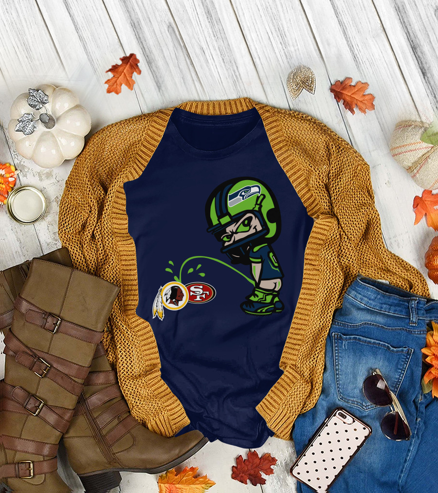 Seattle Seahawks Rivalry Cartoon With San Francisco 49ers And Washington Logos T-Shirt