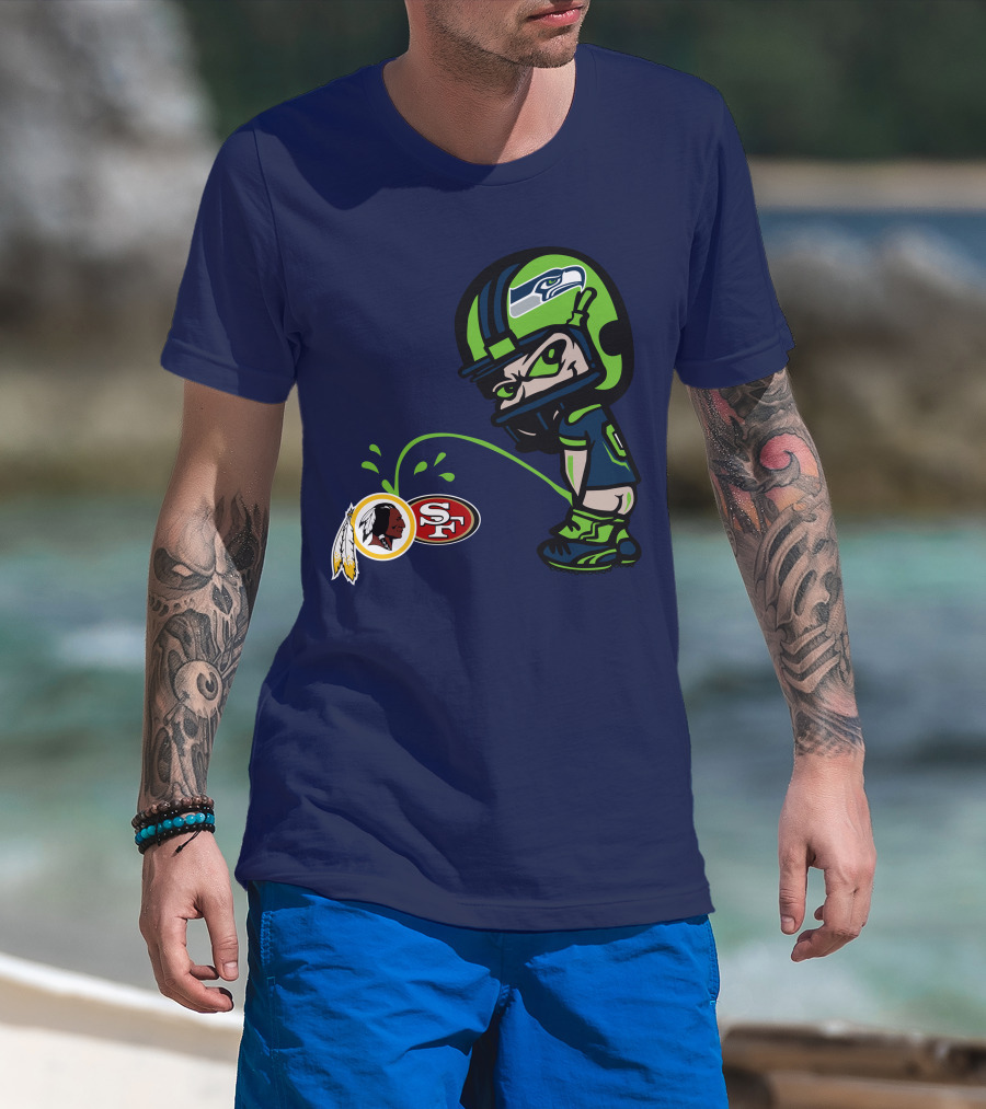 Seattle Seahawks Rivalry Cartoon With San Francisco 49ers And Washington Logos T-Shirt
