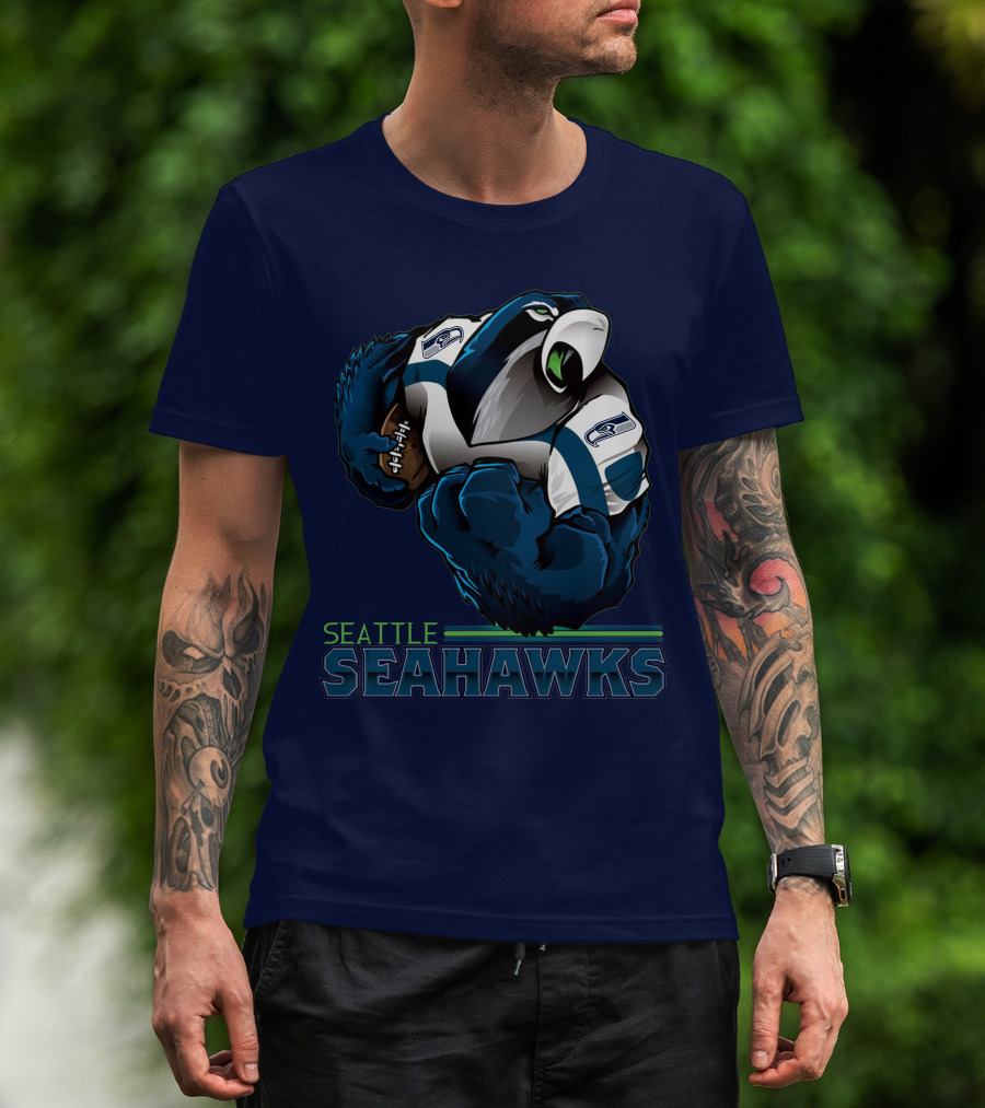 Seattle Seahawks Powerful Mascot With Football Iconic Team Spirit T-Shirt