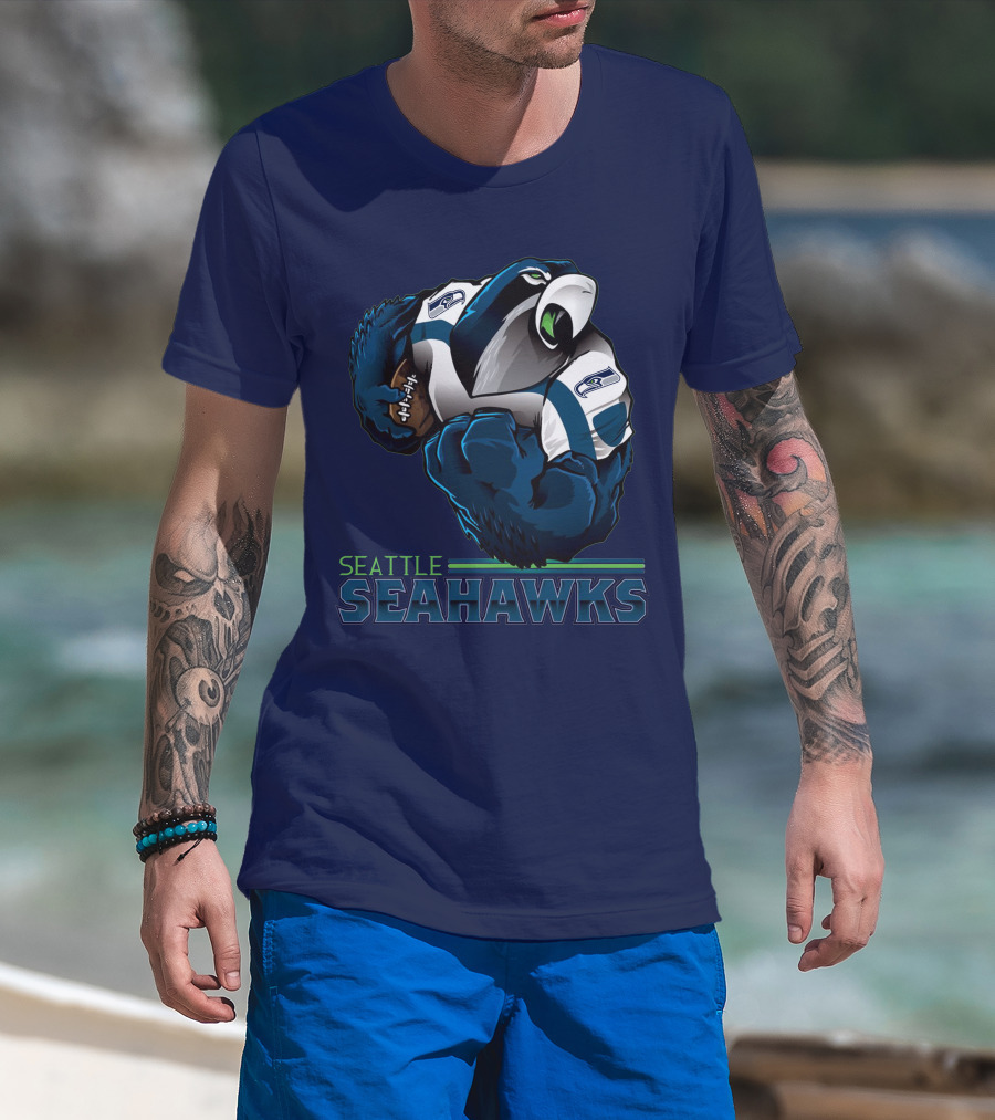 Seattle Seahawks Powerful Mascot With Football Iconic Team Spirit T-Shirt
