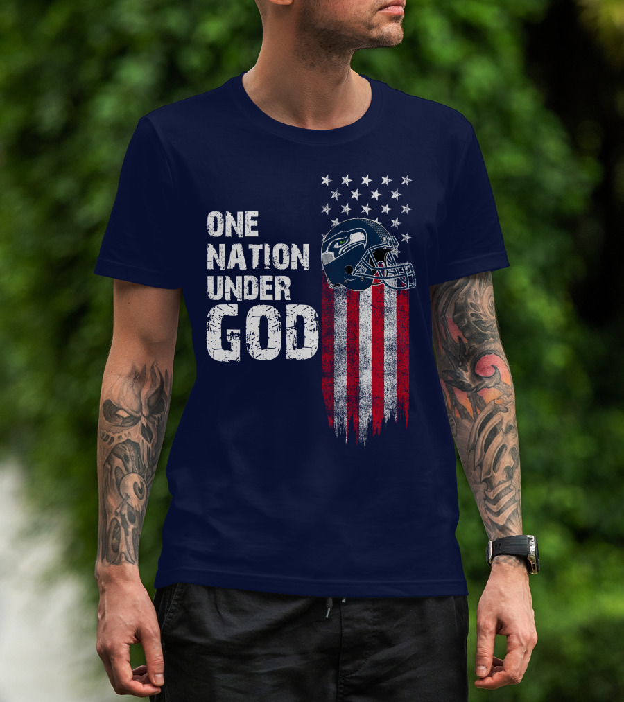 One Nation Under God Seattle Seahawks Flag Helmet Stars Stripes T-Shirt
