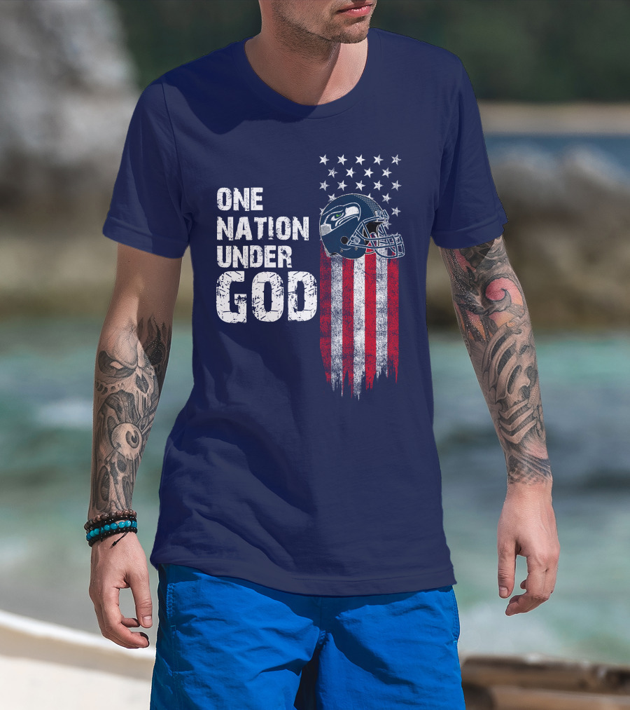 One Nation Under God Seattle Seahawks Flag Helmet Stars Stripes T-Shirt