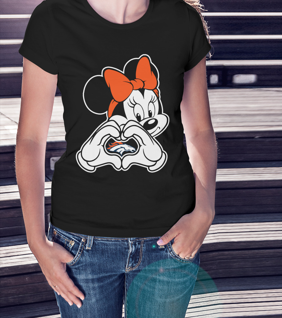 Minnie Mouse Heart Hands Denver Broncos Logo On Black Background With Orange Bow T-Shirt
