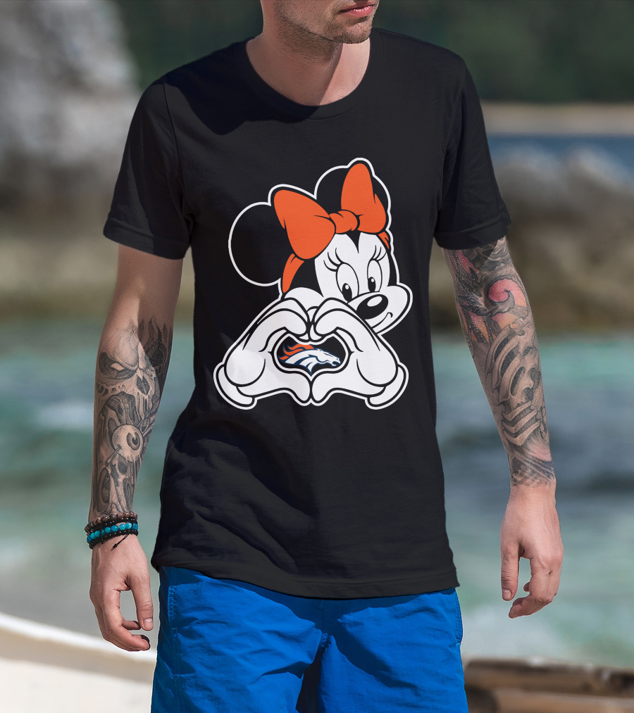 Minnie Mouse Heart Hands Denver Broncos Logo On Black Background With Orange Bow T-Shirt