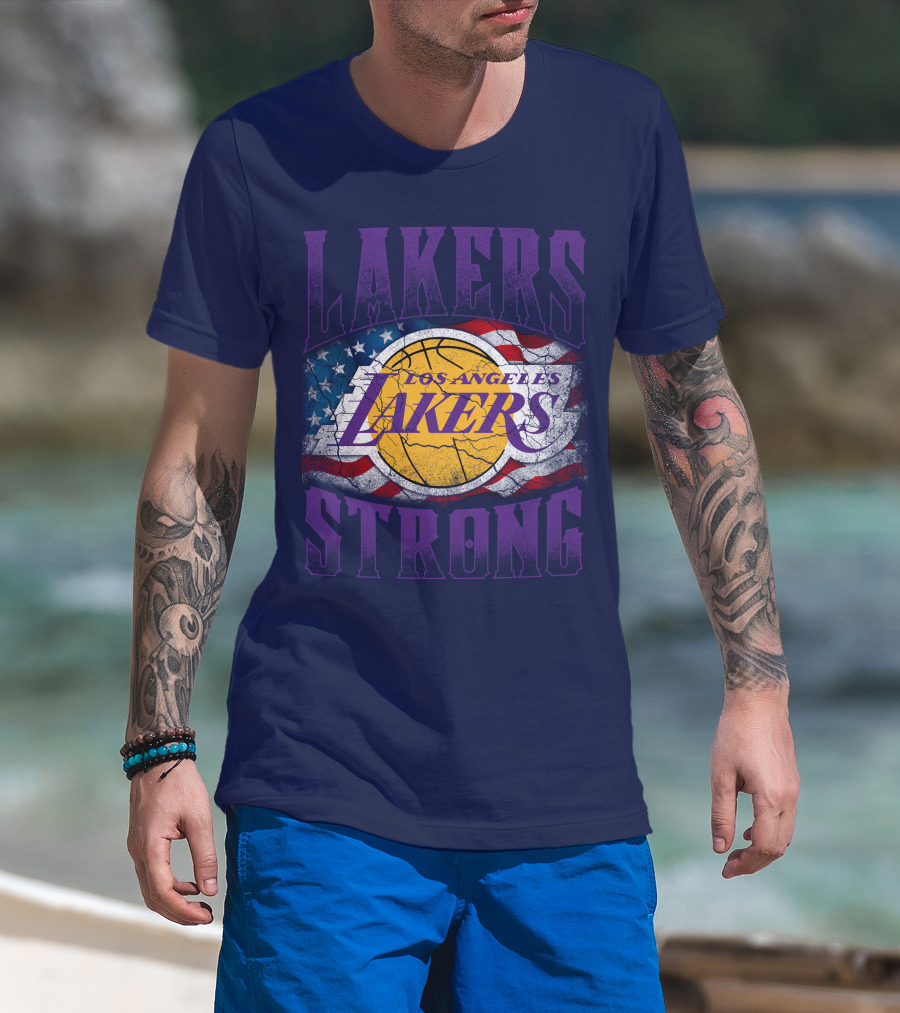 Los Angeles Lakers Strong American Flag Basketball T-Shirt